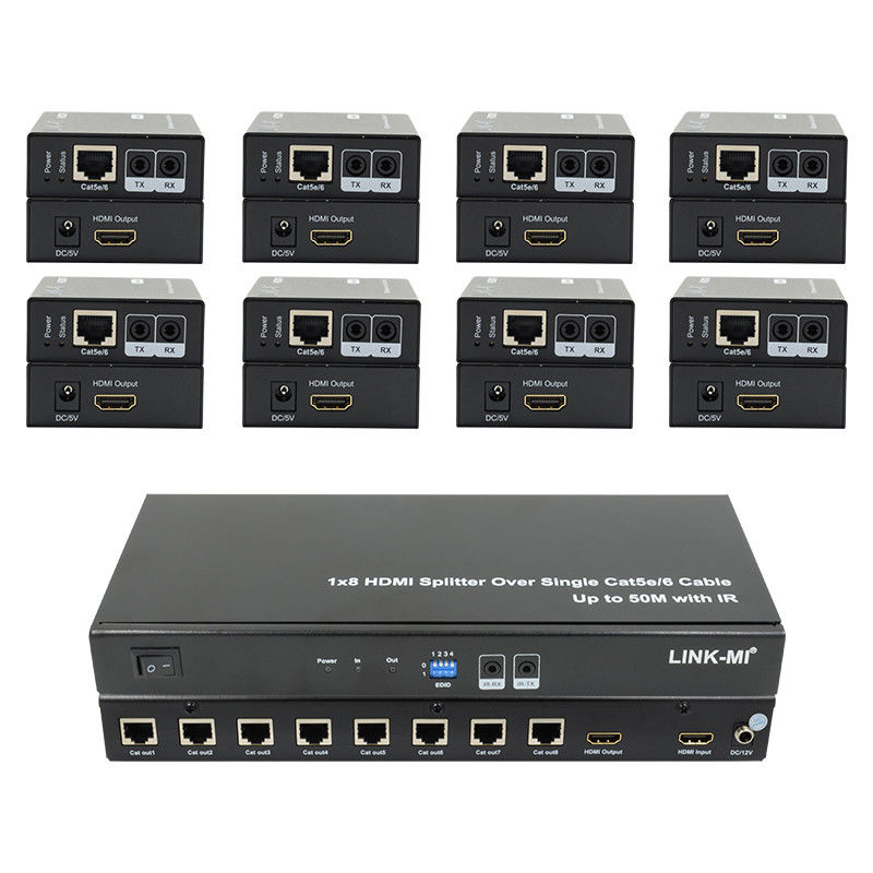 HDMI 50M 1X8 স্প্লিটার ওভার Cat5e 6 ক্যাবল সাপোর্ট 3D IR 1080P 8 পোর্ট HDMI স্প্লিটার